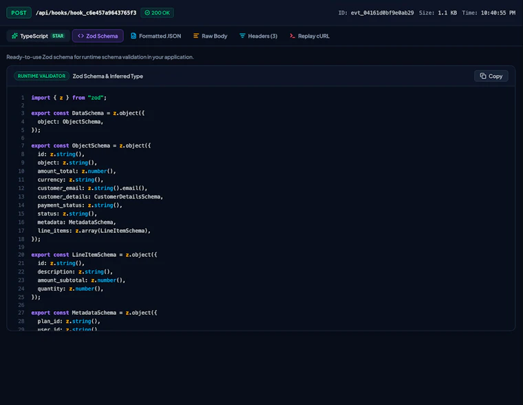 Payload Peek - 捕获Webhook，检查数据载荷，一键生成TypeScript。 产品图片 3