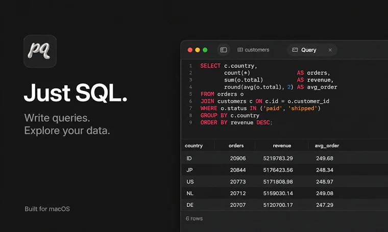 Postquel - 专为 Mac 打造的免费原生 Postgres 客户端，支持接入您已有的 AI 智能体 产品图片 2