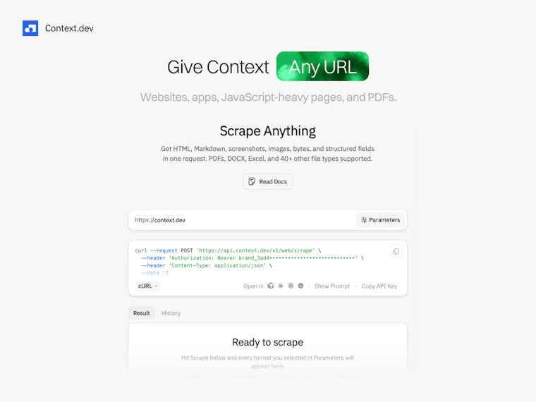 Scrape Anything by Context.dev - 仅需一次 API 调用，即可将任意网站转化为结构化清洗数据。 产品图片 3