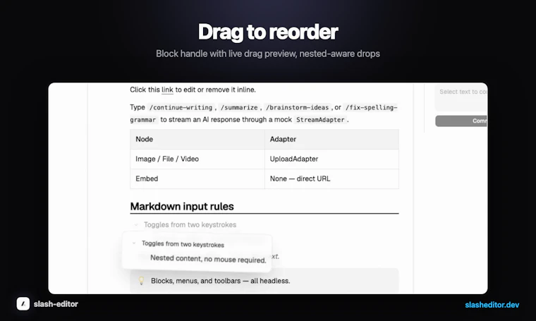 slash-editor - 面向 React 的 Notion 风格块编辑器。MIT 协议，UI 完全由你掌控 产品图片 2