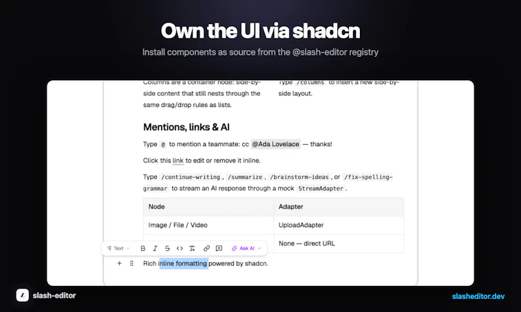 slash-editor - 面向 React 的 Notion 风格块编辑器。MIT 协议，UI 完全由你掌控 产品图片 4
