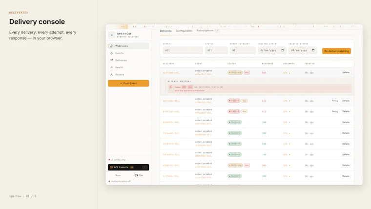 Sparrow - 自托管 Webhook 推送服务。单一二进制文件，仅需 PostgreSQL。 产品图片 2