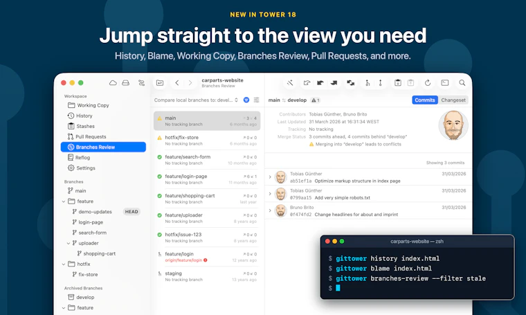 Tower 18 for Mac - 功能最强大的 Git 客户端，带来更优的命令行体验 产品图片 5